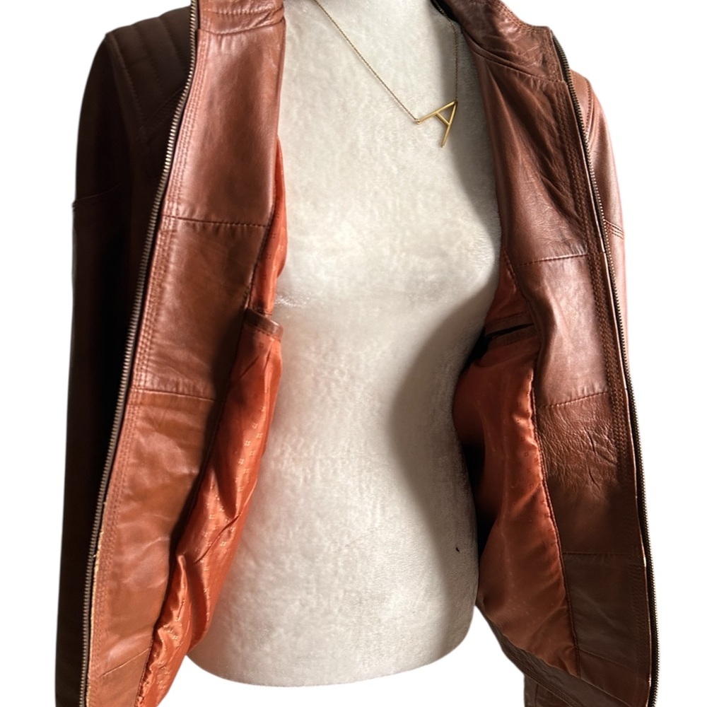 Zara Unisex Biker Leather Jacket – Tan/Cognac, Size Small Like New - Picture 9 of 14